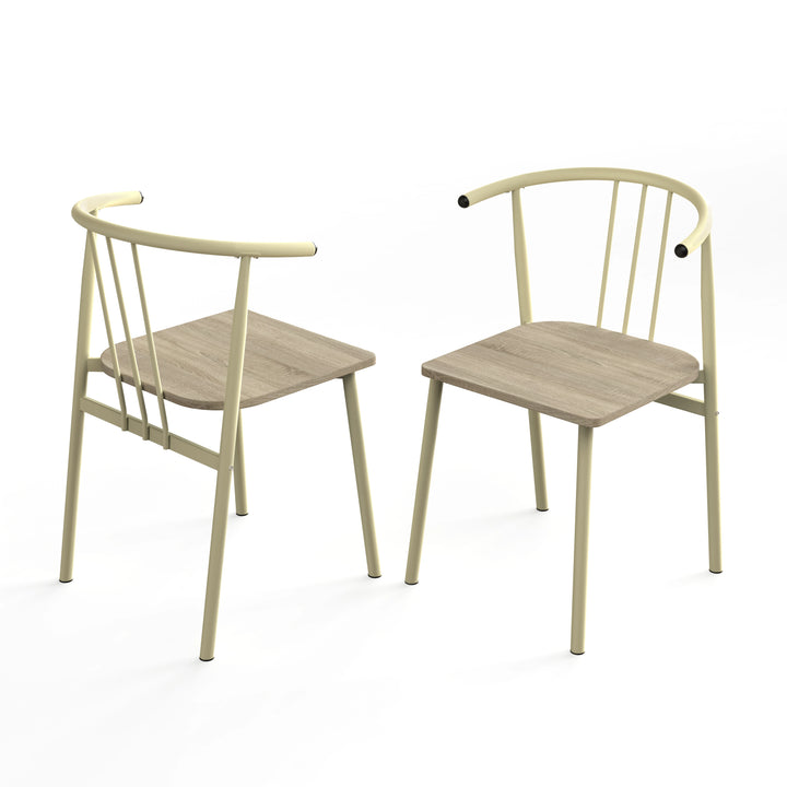 [Sonoma Oak] Torvi dining chairs pair on white background showing front and rear views of cream metal spindle-back arm chair with oak-effect wood seat