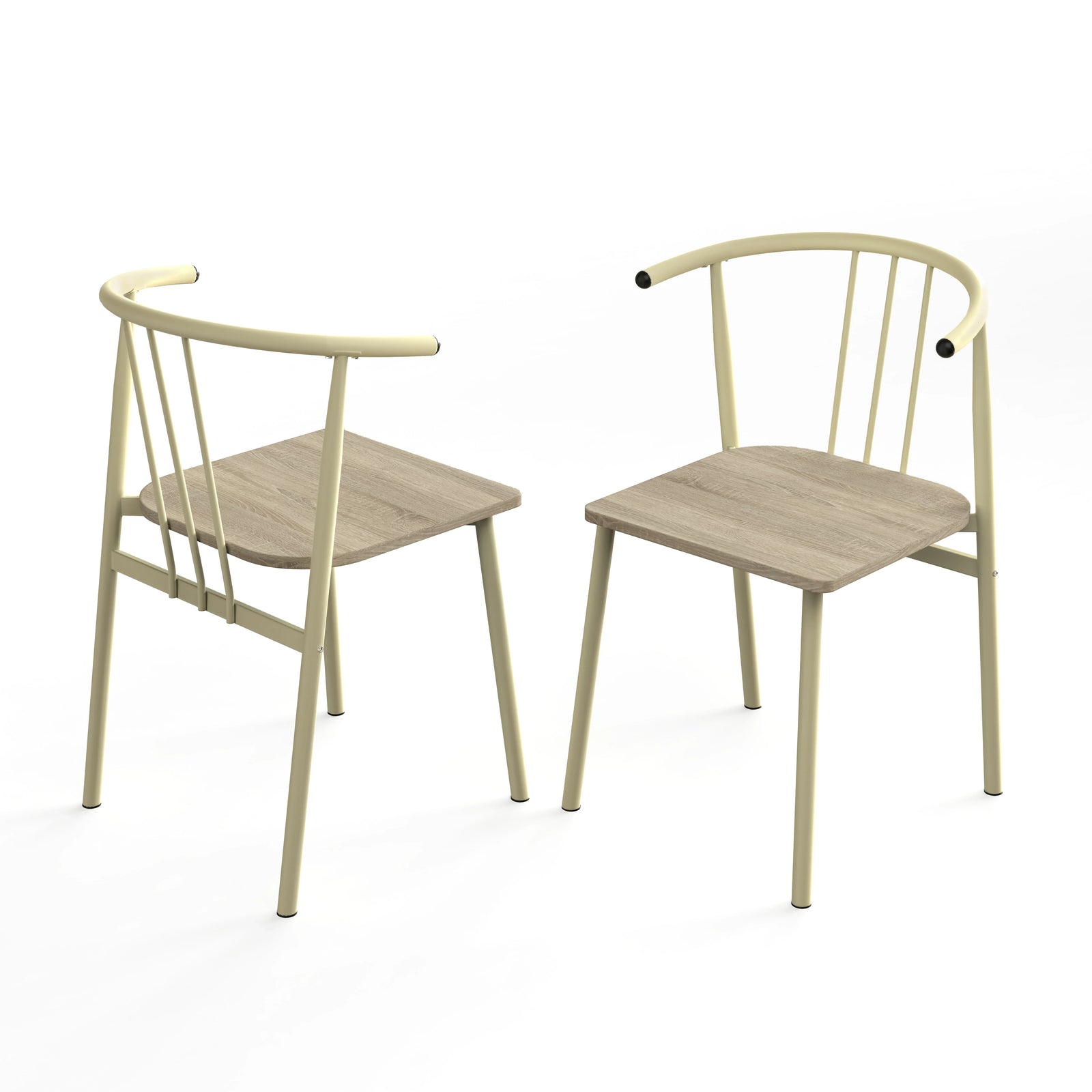 [Sonoma Oak] Torvi dining chairs pair on white background showing front and rear views of cream metal spindle-back arm chair with oak-effect wood seat