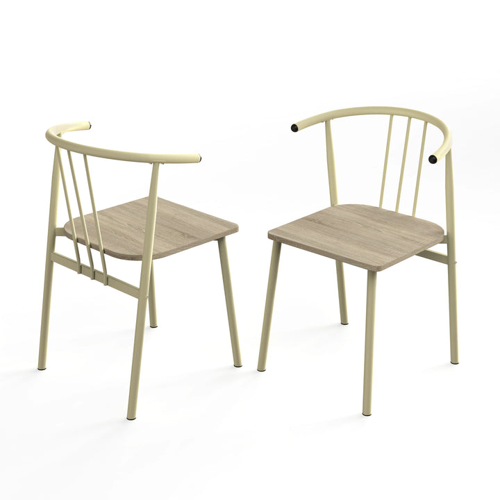 [Sonoma Oak] Torvi dining chairs pair on white background showing front and rear views of cream metal spindle-back arm chair with oak-effect wood seat