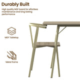[Sonoma Oak] Torvi dining set close-up showing cream metal frame chair alongside table leg joint, with MDF tabletop and metal frame construction callouts