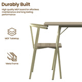 [Sonoma Oak] Torvi dining set close-up showing cream metal frame chair alongside table leg joint, with MDF tabletop and metal frame construction callouts