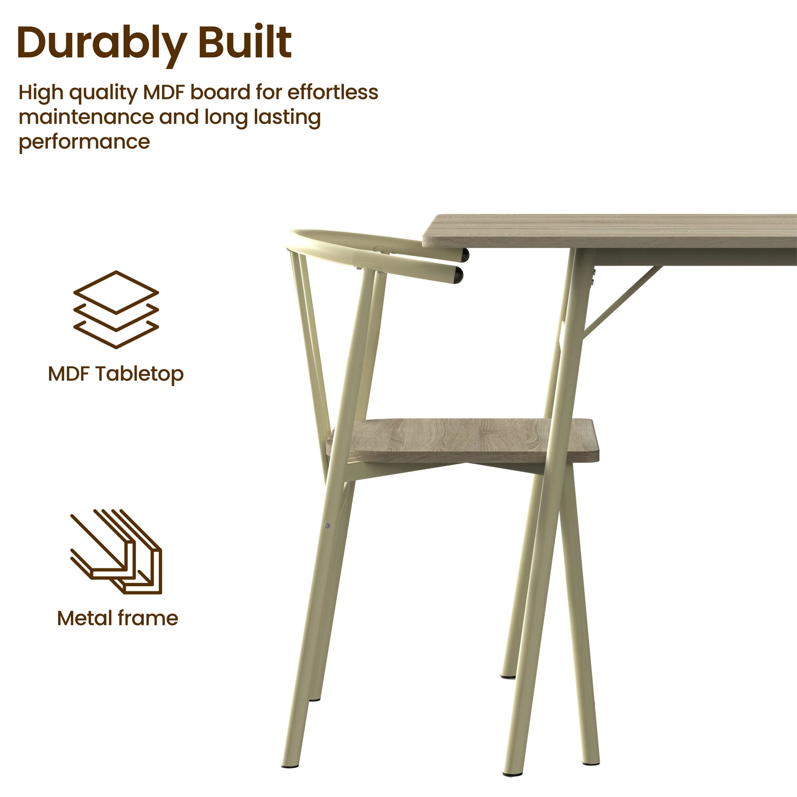 [Sonoma Oak] Torvi dining set close-up showing cream metal frame chair alongside table leg joint, with MDF tabletop and metal frame construction callouts