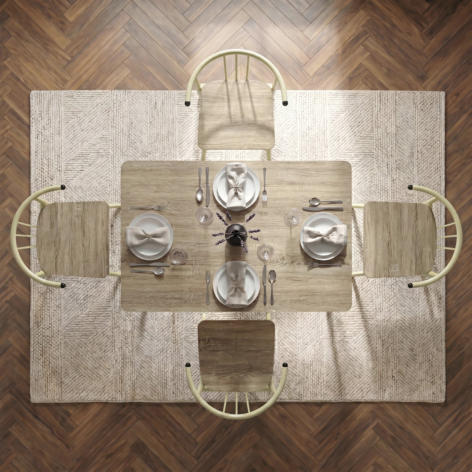 [Sonoma Oak] Torvi 4 seater dining set bird's-eye view fully laid with plates, cutlery, glasses and napkins on a textured rug over herringbone floor