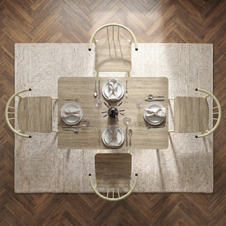 [Sonoma Oak] Torvi 4 seater dining set bird's-eye view fully laid with plates, cutlery, glasses and napkins on a textured rug over herringbone floor