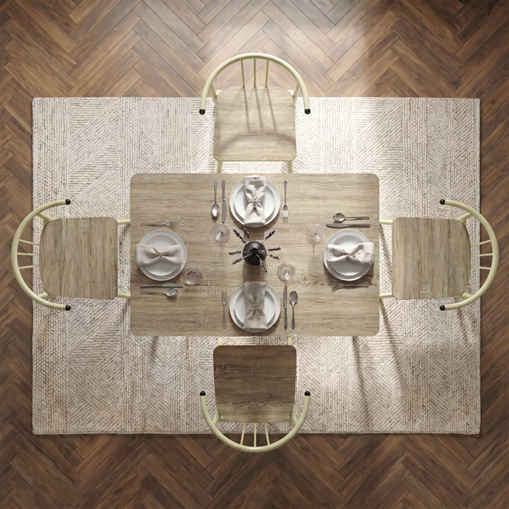 [Sonoma Oak] Torvi 4 seater dining set bird's-eye view fully laid with plates, cutlery, glasses and napkins on a textured rug over herringbone floor