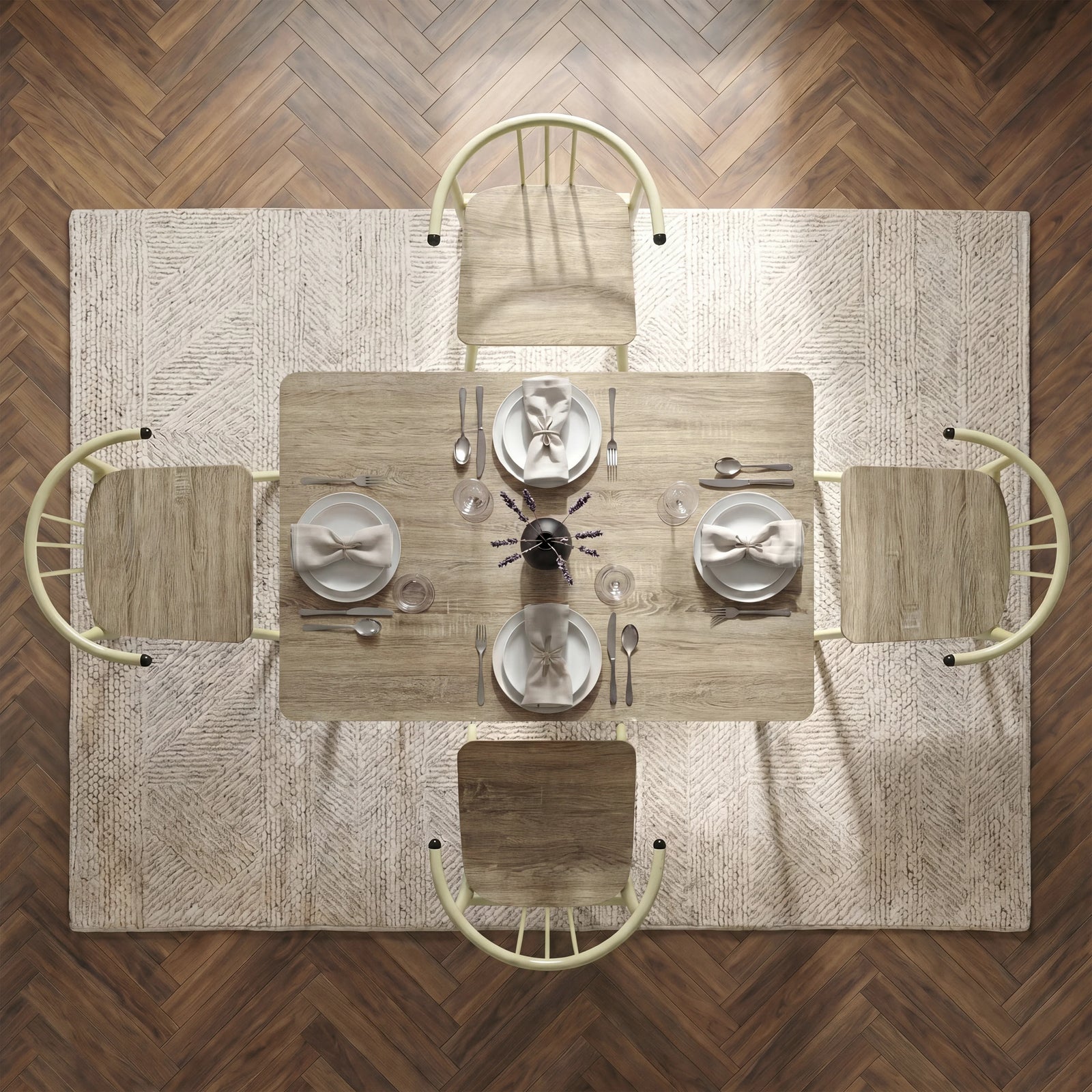 [Sonoma Oak] Torvi 4 seater dining set bird's-eye view fully laid with plates, cutlery, glasses and napkins on a textured rug over herringbone floor