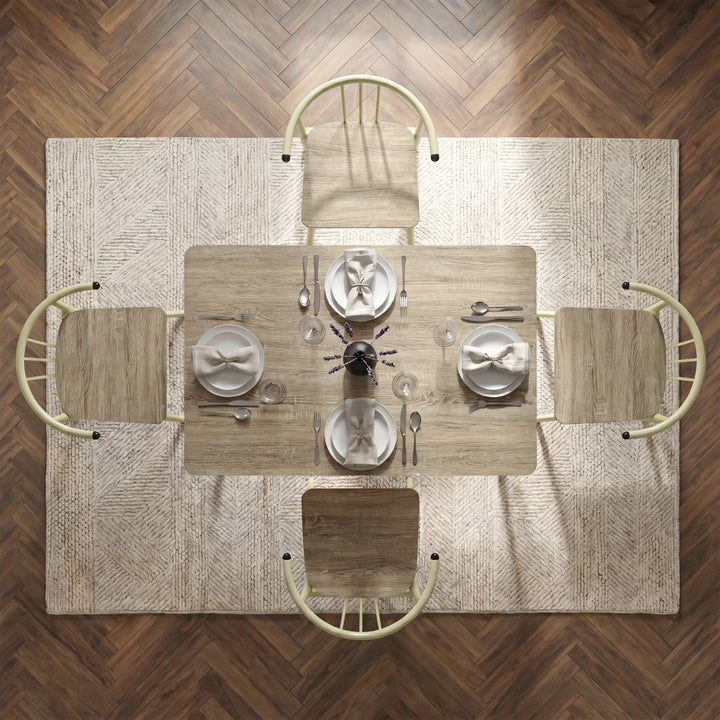 [Sonoma Oak] Torvi 4 seater dining set bird's-eye view fully laid with plates, cutlery, glasses and napkins on a textured rug over herringbone floor