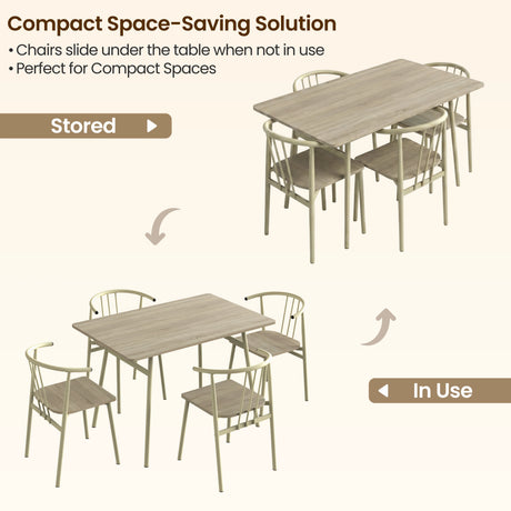 [Sonoma Oak] Torvi 4 seater dining set shown in stored and in-use positions illustrating how chairs slide under the table