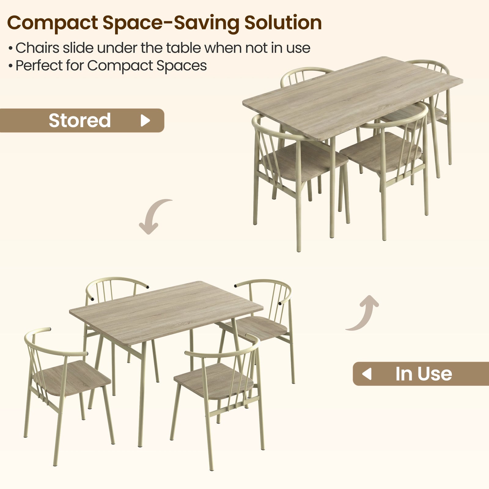 [Sonoma Oak] Torvi 4 seater dining set shown in stored and in-use positions illustrating how chairs slide under the table