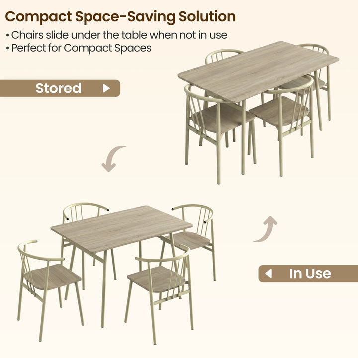 [Sonoma Oak] Torvi 4 seater dining set shown in stored and in-use positions illustrating how chairs slide under the table