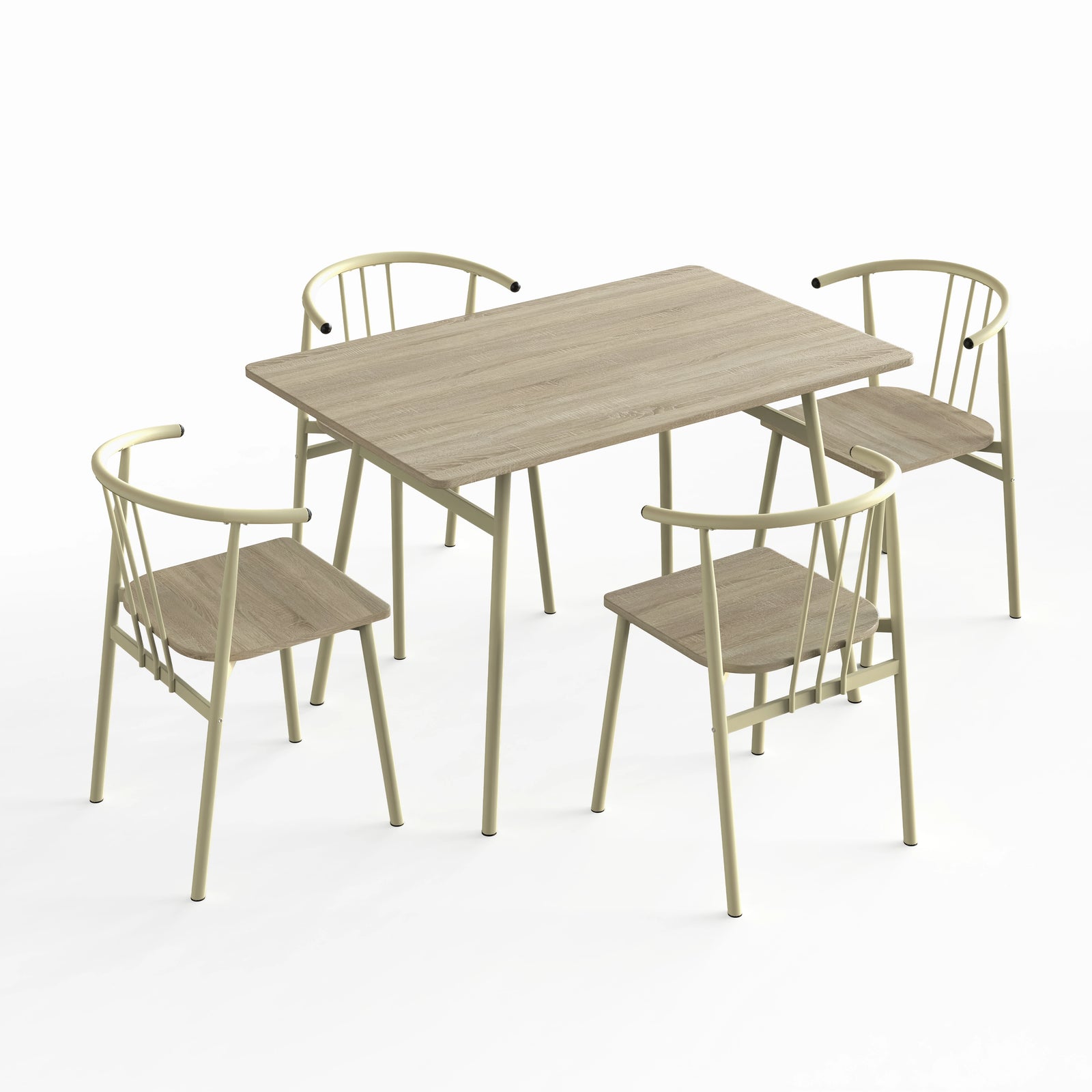 [Sonoma Oak] Torvi 4 seater dining set on white background showing oak-effect table with all four cream metal arm chairs arranged around it