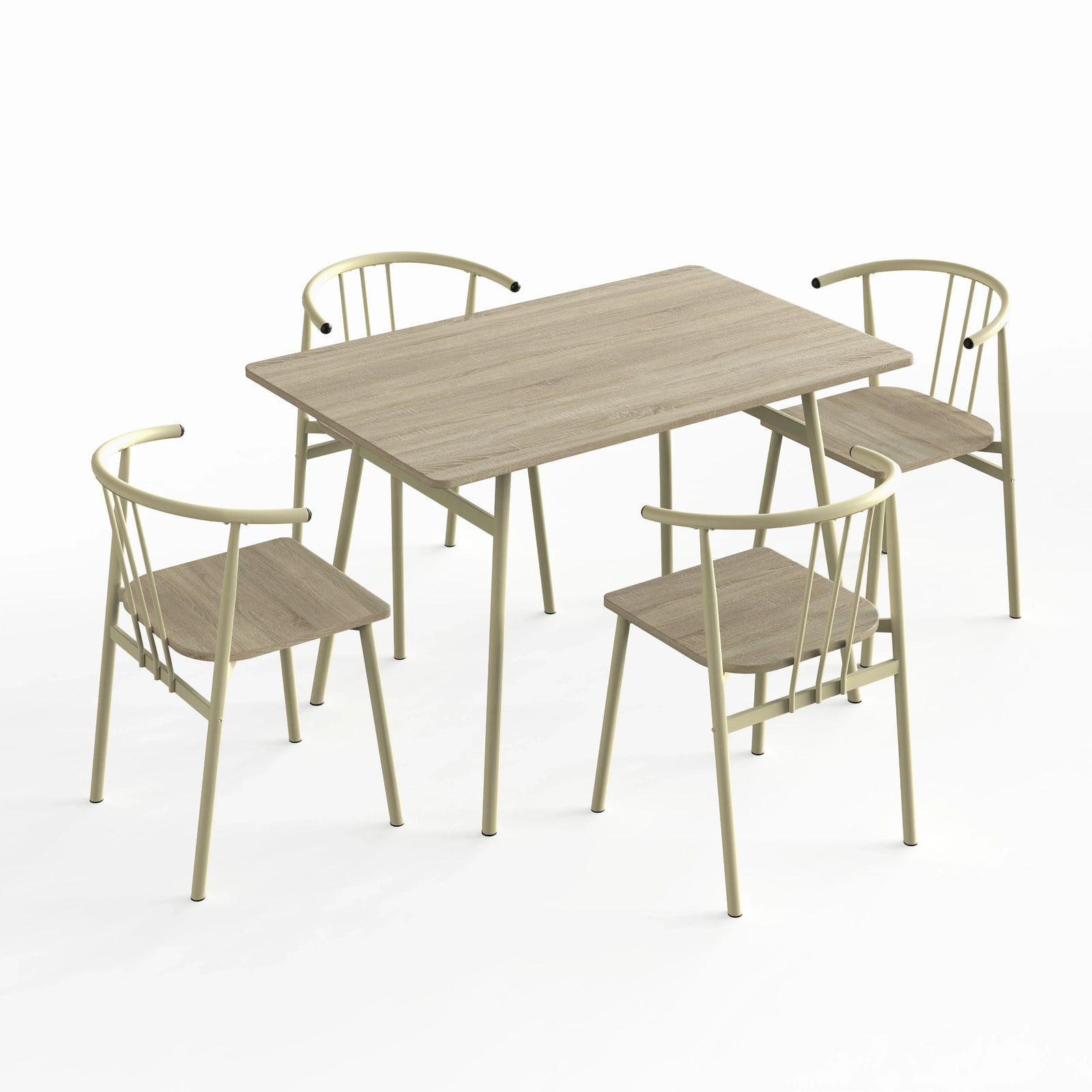 [Sonoma Oak] Torvi 4 seater dining set on white background showing oak-effect table with all four cream metal arm chairs arranged around it