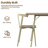 [Sonoma Oak] Torvi side detail showing a chair, tabletop edge, angled leg brace, and MDF tabletop and metal frame labels.