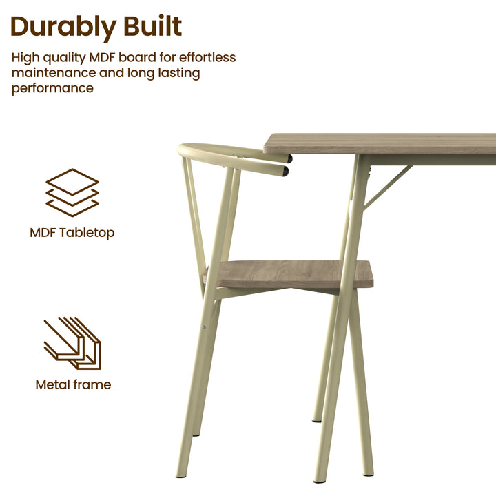 [Sonoma Oak] Torvi side detail showing a chair, tabletop edge, angled leg brace, and MDF tabletop and metal frame labels.