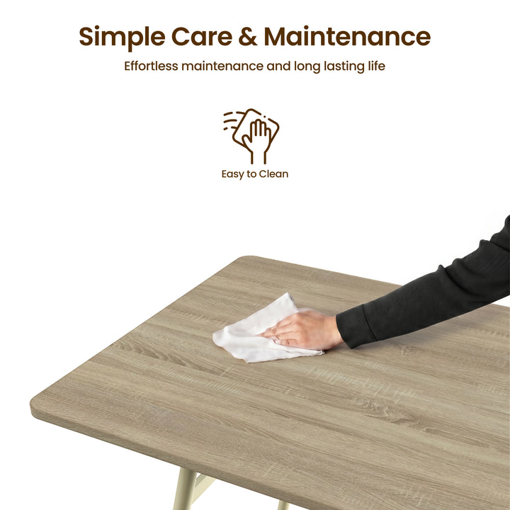 [Sonoma Oak] Torvi care graphic showing a hand wiping the wood-grain tabletop with a white cloth beneath a cleaning icon.