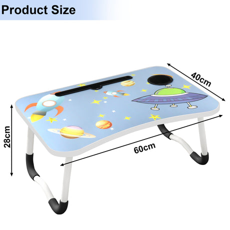 Space-printed laptop table in blue color, with compact dimensions for easy use.