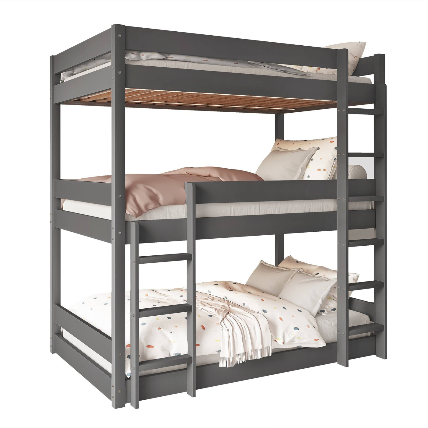 Dark grey wooden triple bunk bed with three stacked beds and neutral bedding, ideal for modern kids' rooms.