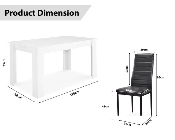 Space-saving dining table set with chairs, compact design, dimensions included.