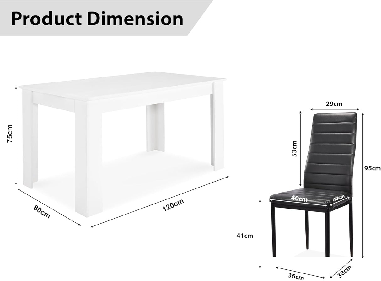 Space-saving dining tables set with chairs, compact design, dimensions included.