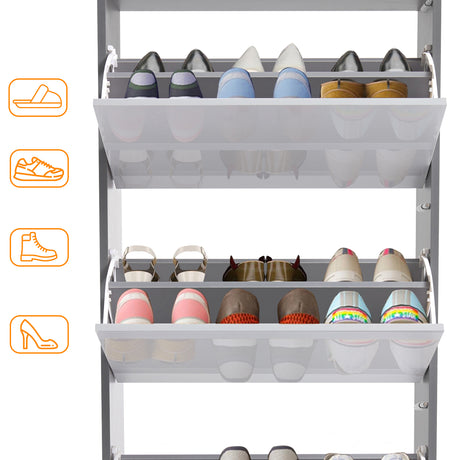 Open thin shoe cabinet with three doors, storing Crocs, boots, slippers, and wellies.