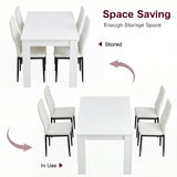 [4 Seater | White] White 4-6 Seater Dining Table and Chairs Set storage presentation graphic showing how high-backed chairs seamlessly slide under the rectangular frame to save space