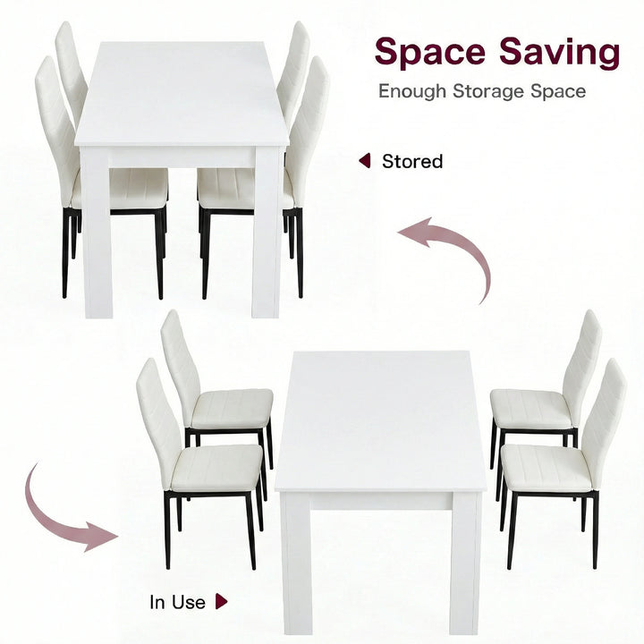 [4 Seater | White] White 4-6 Seater Dining Table and Chairs Set storage presentation graphic showing how high-backed chairs seamlessly slide under the rectangular frame to save space