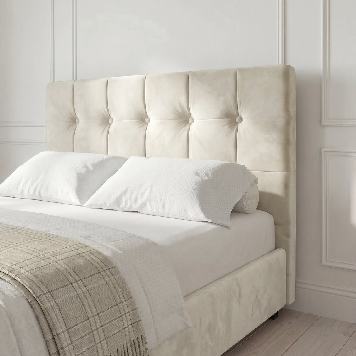 Headboard bed with a comfortable mattress, offering style and support for a restful sleep