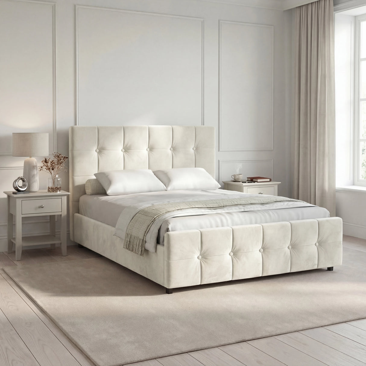 Velvet ottoman storage bed with a high headboard featuring a square button design, placed in a room with a light interior.