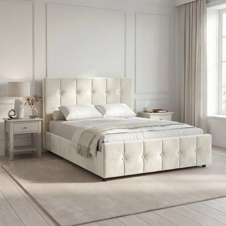 Velvet ottoman storage bed with a high headboard featuring a square button design, placed in a room with a light interior.
