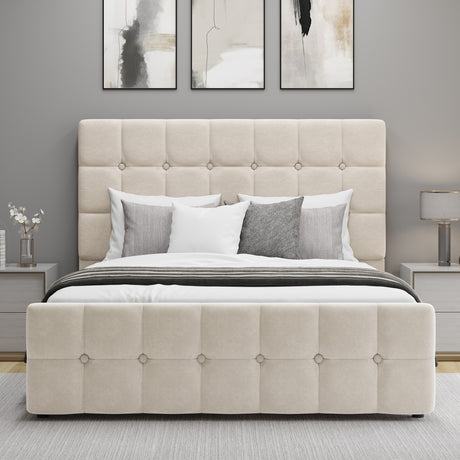 Front view of king size Square Ottoman Storage Bed in beige velvet with button-tufted headboard and footboard.