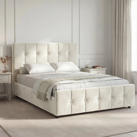Square Ottoman Storage Bed in beige velvet, king size with tufted headboard, perfect for modern bedroom interiors