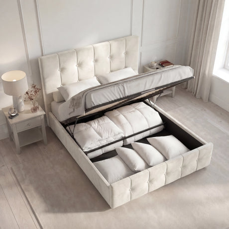 Beige velvet Ottoman Bed Frame in king size with lifted mattress, revealing spacious underbed storage compartment