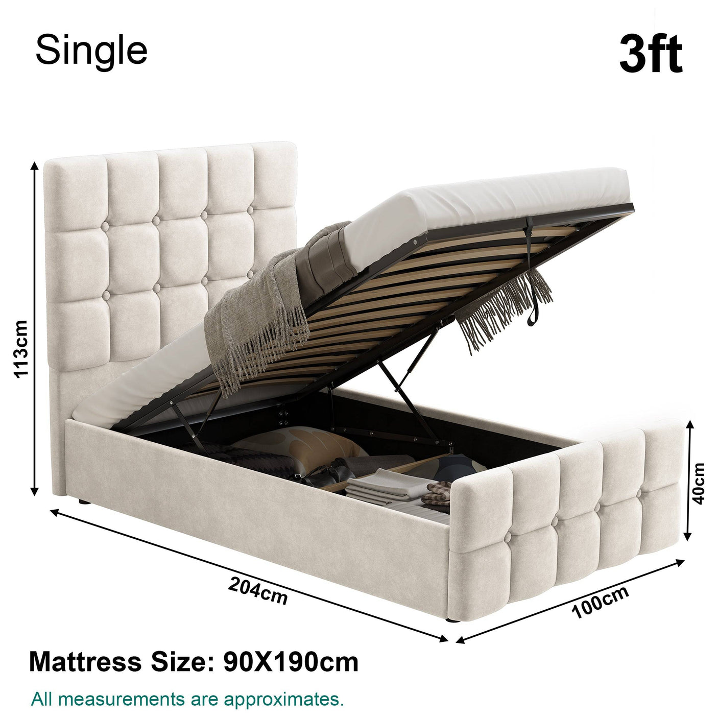 3ft Single beige Square Ottoman Storage Bed dimensions with gas lift storage and mattress size 90x190cm, ideal for compact rooms.