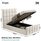 3ft Single beige Square Ottoman Storage Bed dimensions with gas lift storage and mattress size 90x190cm, ideal for compact rooms.