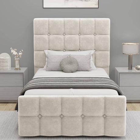 Front view of beige Square Ottoman Storage Bed with button-tufted headboard and footboard, designed for single room luxury.