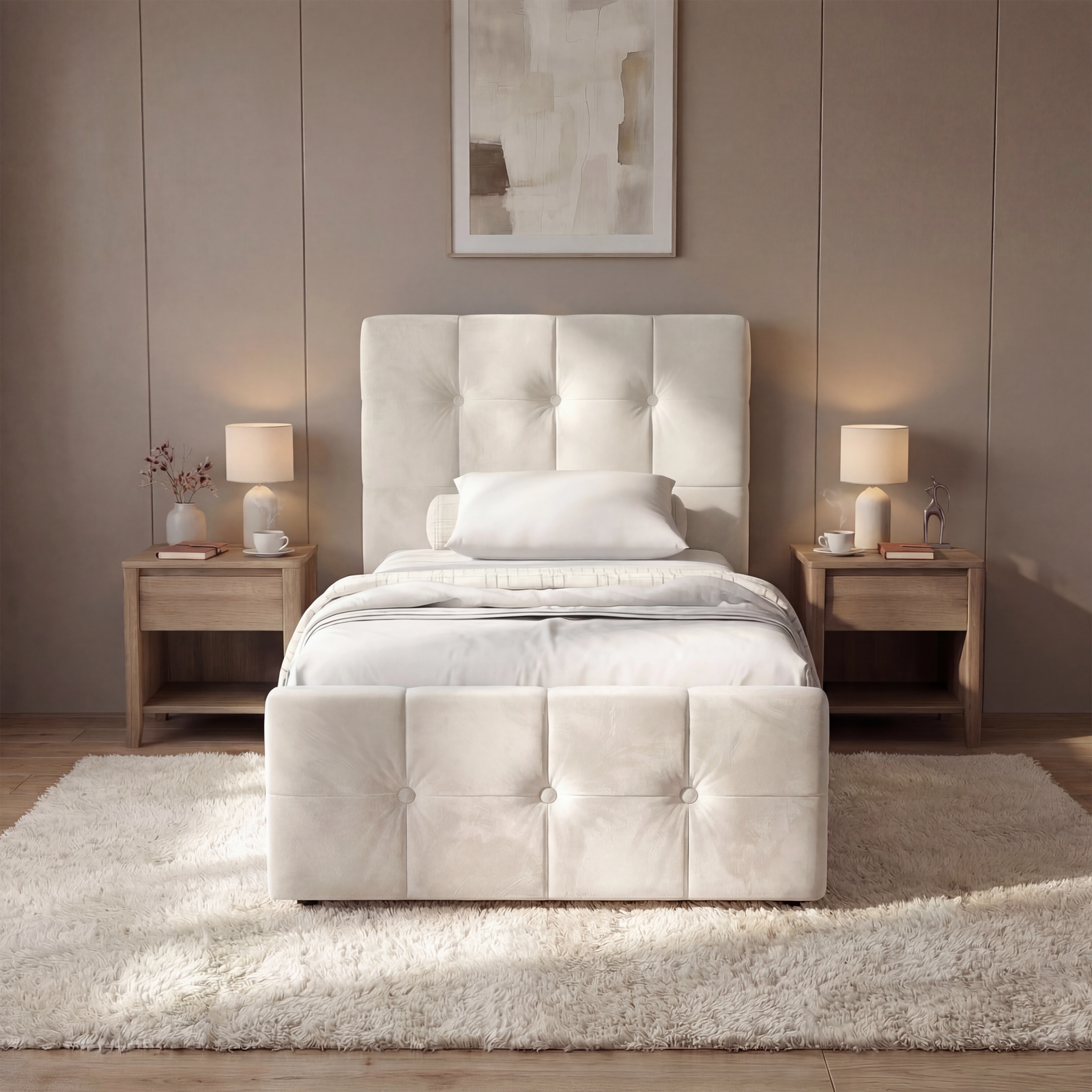 [Single | Beige] Front elevation of beige square-tufted ottoman bed flanked by oak bedside tables with glowing lamps