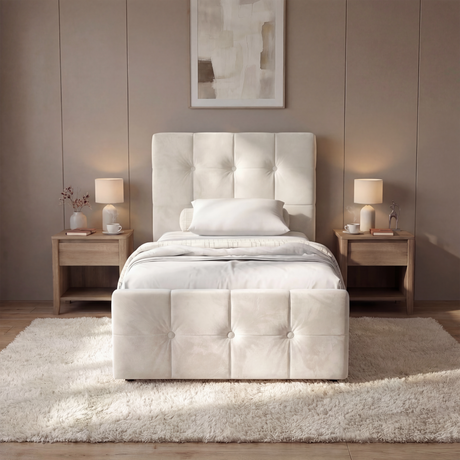 [Single | Beige] Front view of beige square ottoman storage bed with button-tufted headboard and footboard, designed for single room luxury