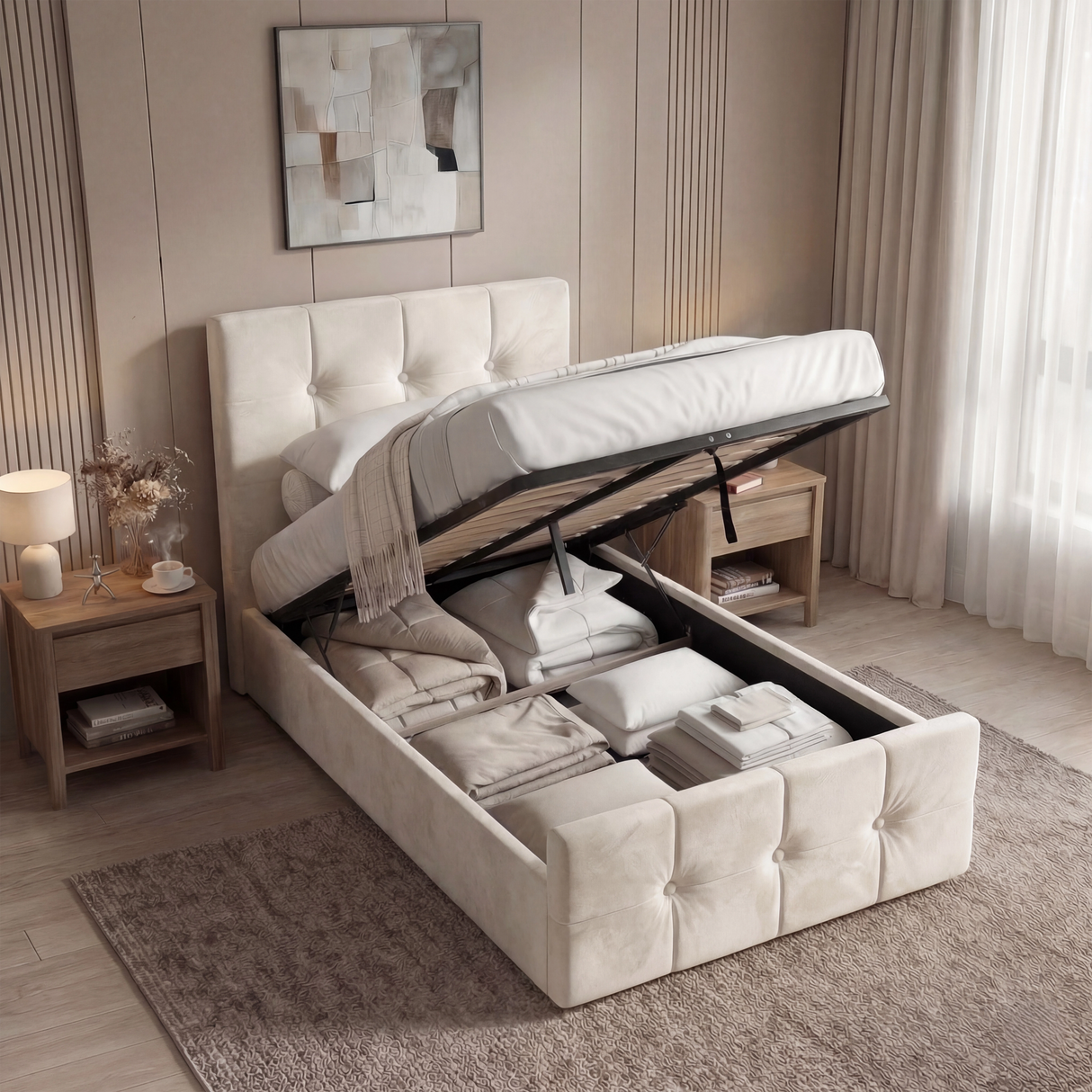 [Single | Beige]  velvet ottoman bed frame with lifted mattress revealing hidden storage, ideal for organising small bedroom essentials