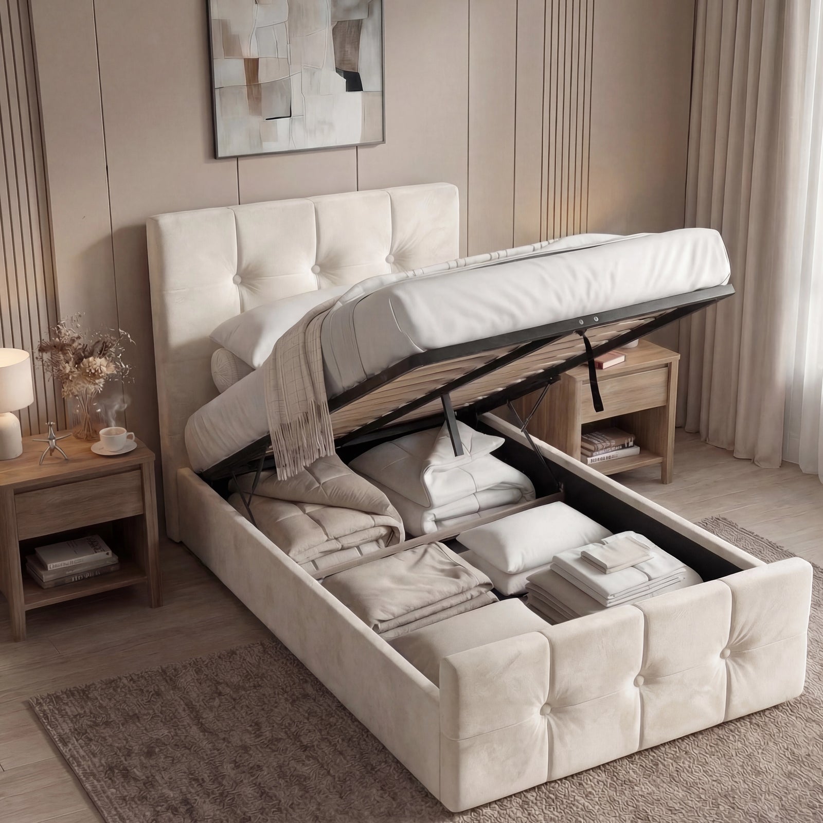 [Single | Beige] Beige ottoman bed open showing under-bed storage, oak nightstands either side and abstract art behind