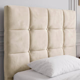 [Single | Beige] Close-up of beige velvet ottoman bed headboard with square button tufting and white pillow at the base