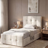 [Single | Beige] Square Ottoman Storage Bed in beige velvet with tufted headboard, perfect for single bedrooms with a neutral, elegant theme.