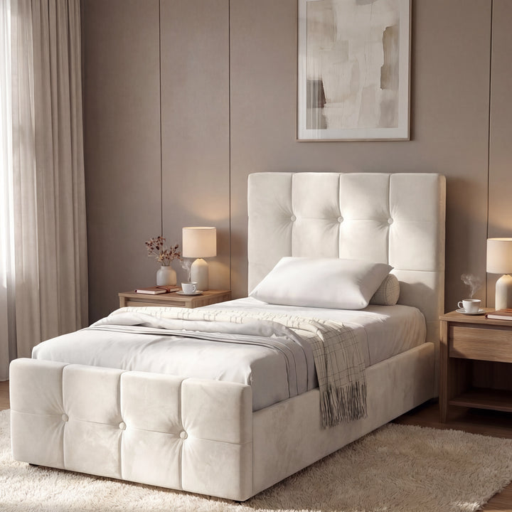 [Single | Beige] Side angle of beige velvet ottoman bed with square-tufted headboard against taupe wall and abstract art