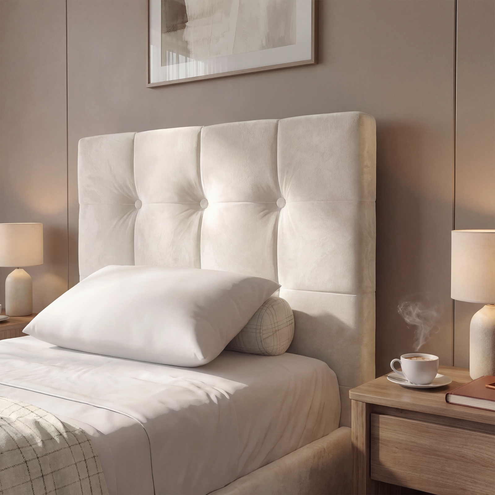[Single | Beige] Close-up of beige velvet ottoman bed headboard with square button tufting and white pillow at the base