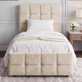 [Single | Beige] Front elevation of beige square-tufted ottoman bed flanked by oak bedside tables with glowing lamps