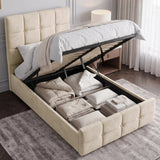[Single | Beige] upholstered storage bed with a tufted headboard and raised black metal frame, shown open with folded bedding and linens stored inside