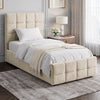 [Single | Beige] Side angle of beige velvet ottoman bed with square-tufted headboard against taupe wall and abstract art