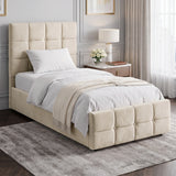 [Single | Beige] Side angle of beige velvet ottoman bed with square-tufted headboard against taupe wall and abstract art