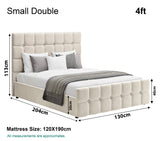 Small double 4ft Square Ottoman Storage Bed dimensions in beige velvet with gas lift storage and 120x190cm mattress size.