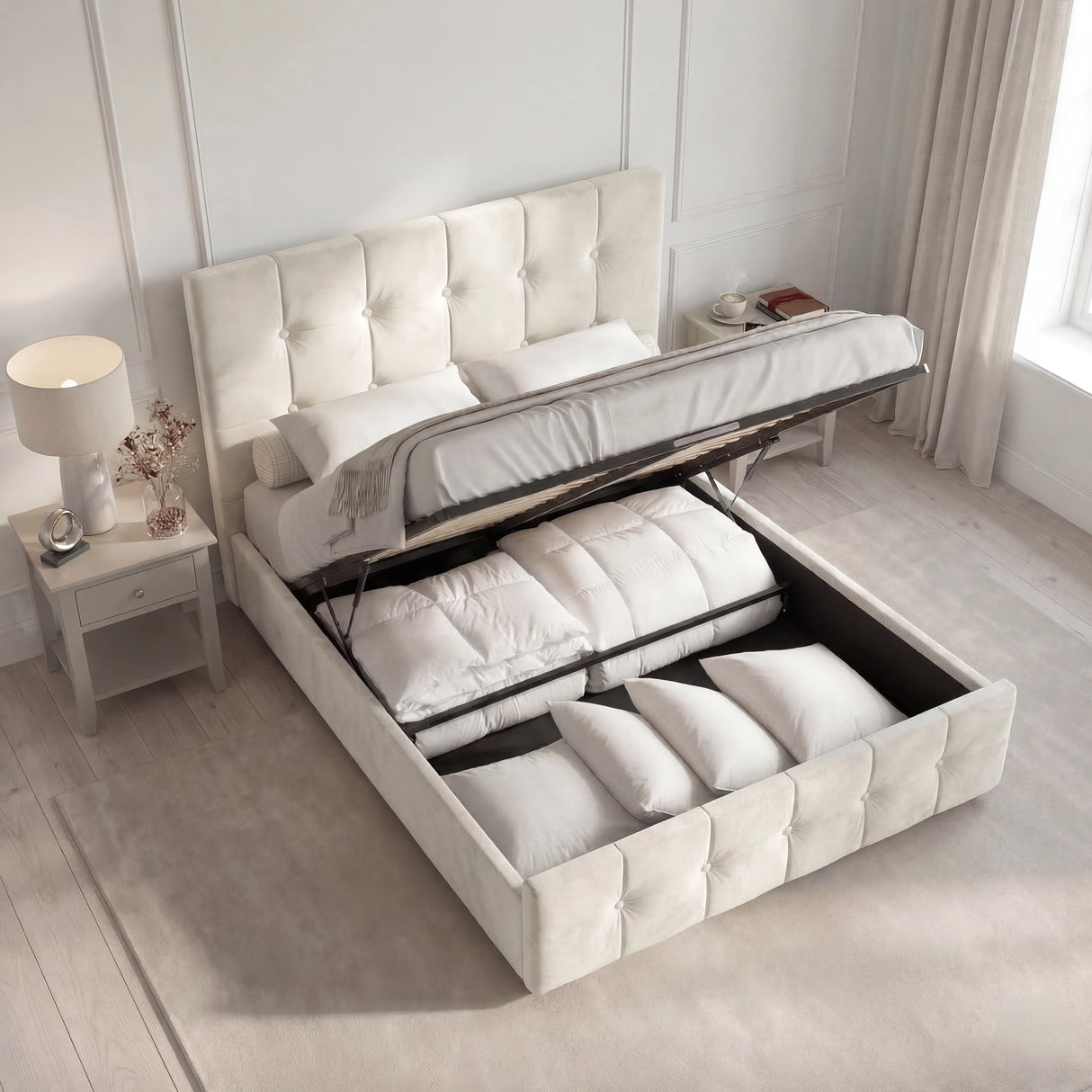 Beige velvet Ottoman Bed Frame in small double with lifted mattress, revealing spacious underbed storage compartment