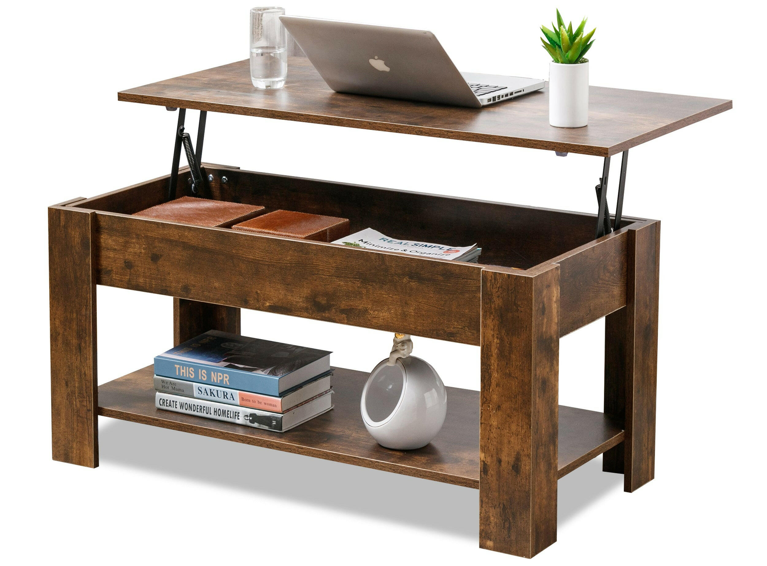 coffee table uk Brown lift-top coffee table with storage, featuring books, plants & decorative items